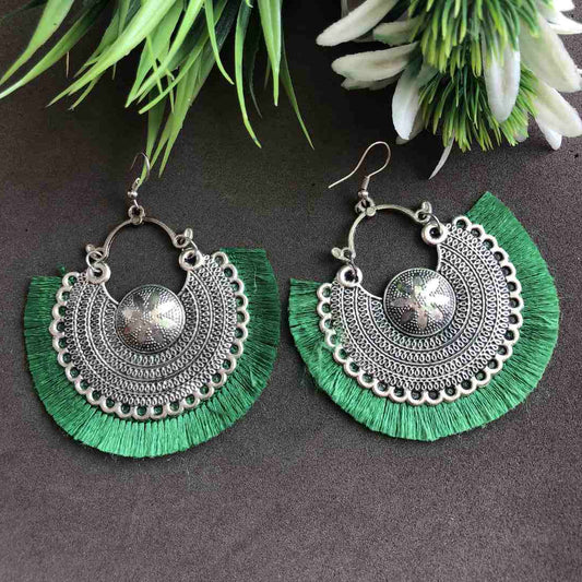 LARQ JEWELS Oxidised Silver Tassel Earrings green