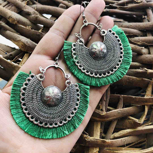 LARQ JEWELS Oxidised Silver Tassel Earrings green