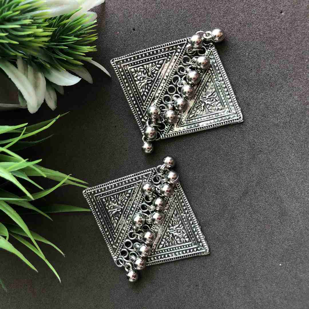 LARQ JEWELS Oxidized Silver Tone Triangle shape drop earrings