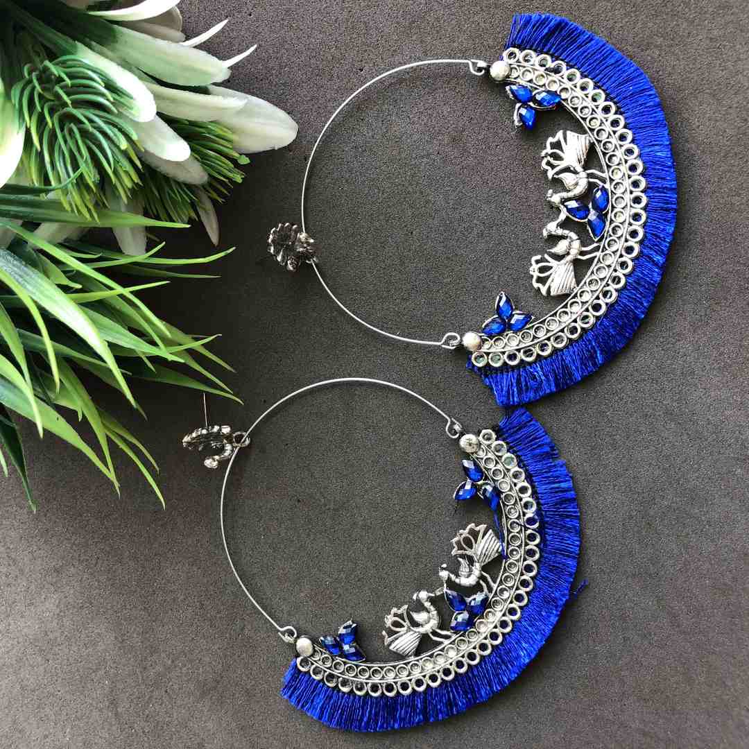 TraditionalSilver Plated Oxidized Silver Earrings- Blue