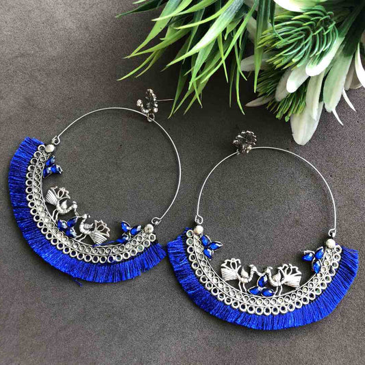 TraditionalSilver Plated Oxidized Silver Earrings- Blue