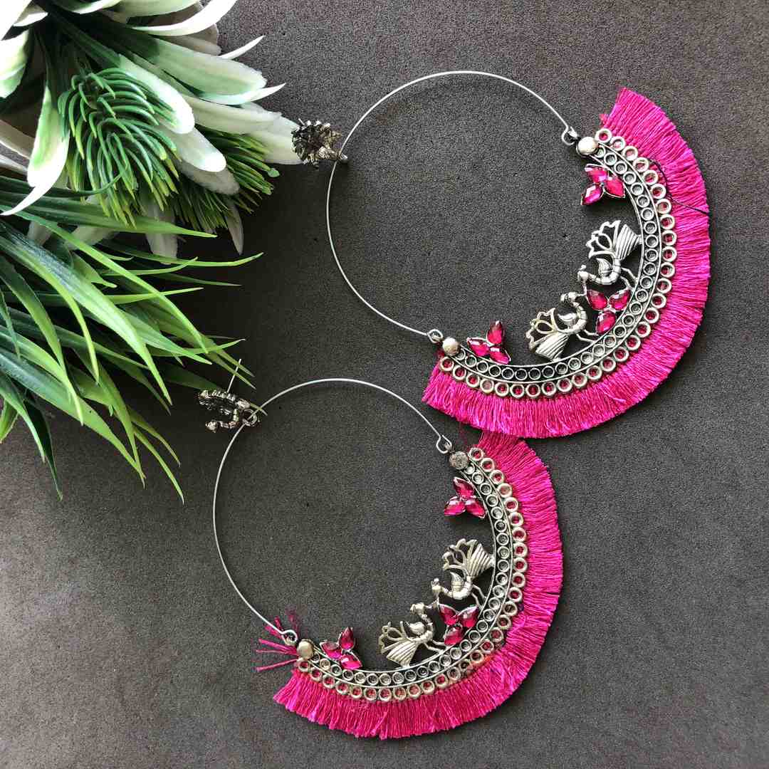 Traditional Silver Plated Oxidized Silver Earrings Pink