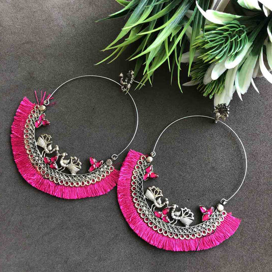 Traditional Silver Plated Oxidized Silver Earrings Pink