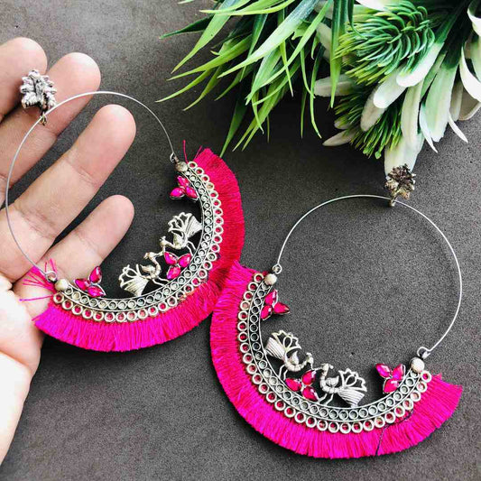 Traditional Silver Plated Oxidized Silver Earrings Pink