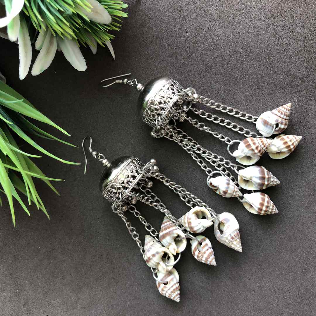 Designer Light Weight Oxidized Silver Metal and Shell Tassel Earrings