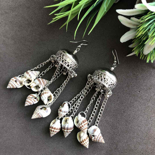 Designer Light Weight Oxidized Silver Metal and Shell Tassel Earrings