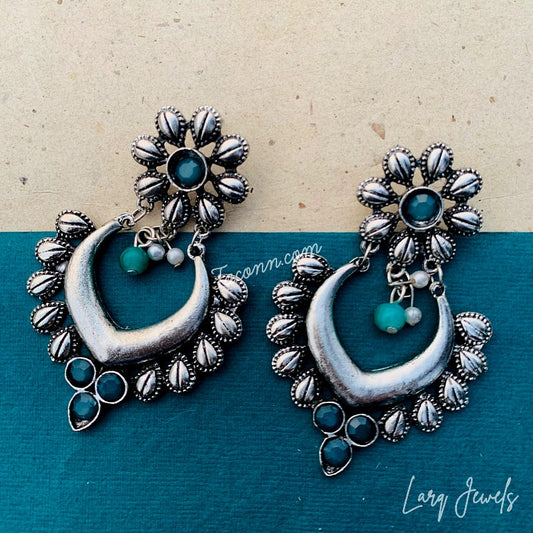 Larq Jewels Silver Oxidized Earrings With Green Stones