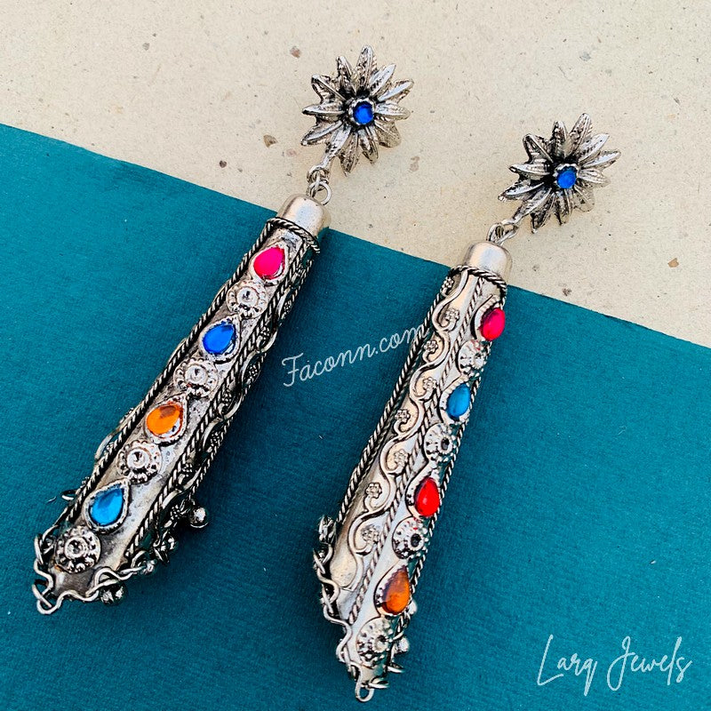 Larq Jewels Silver Long Flower Pattern Earring With Multicolour Stones