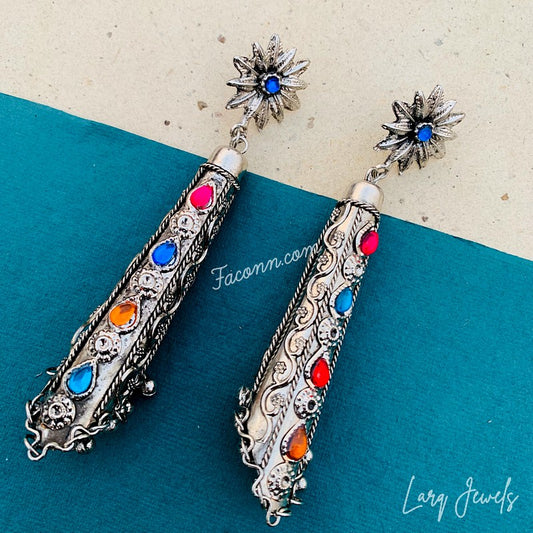 Larq Jewels Silver Long Flower Pattern Earring With Multicolour Stones