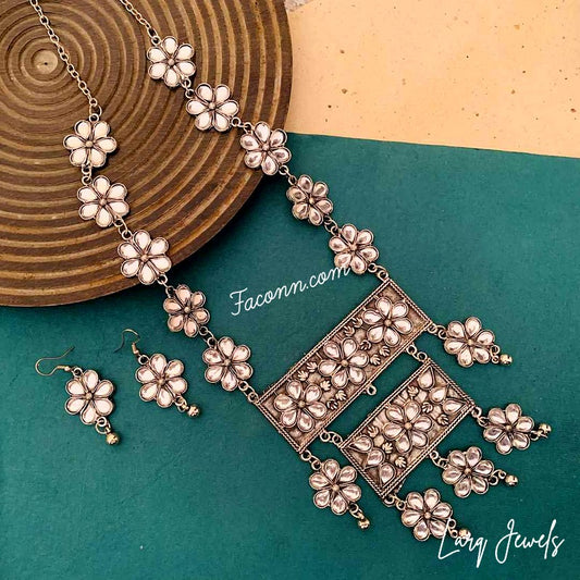 LARQ JEWELS Indian Oxidized Silver  Multiline Necklace  Set