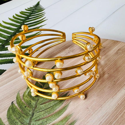 Golden Handcrafted Pearl Cuff Brass Bracelet
