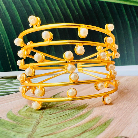 Golden Handcrafted Pearl Cuff Brass Bracelet