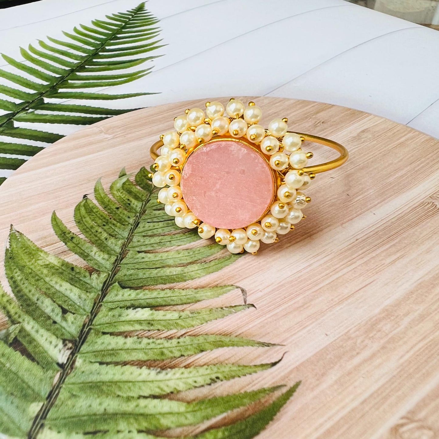 Pearl Round Pink Raw Stone Brass Bracelet