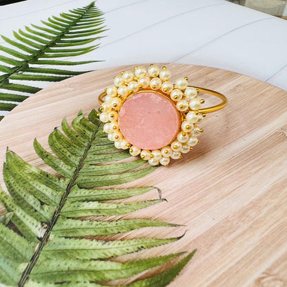 Pearl Round Pink Raw Stone Brass Bracelet
