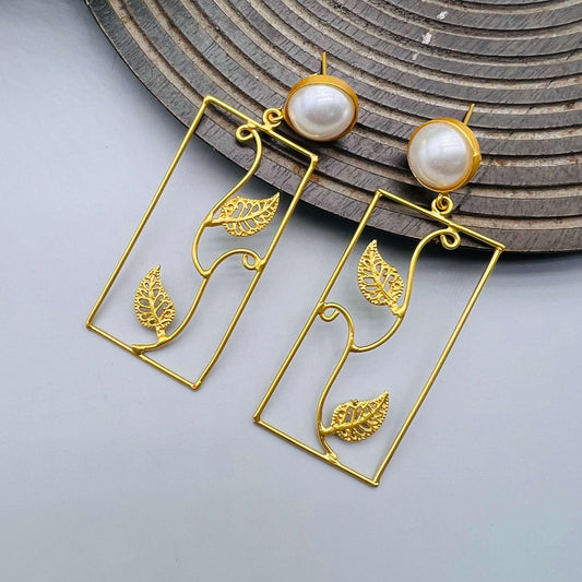 Luxe Leaf & Pearl Drop Brass Statement Earrings
