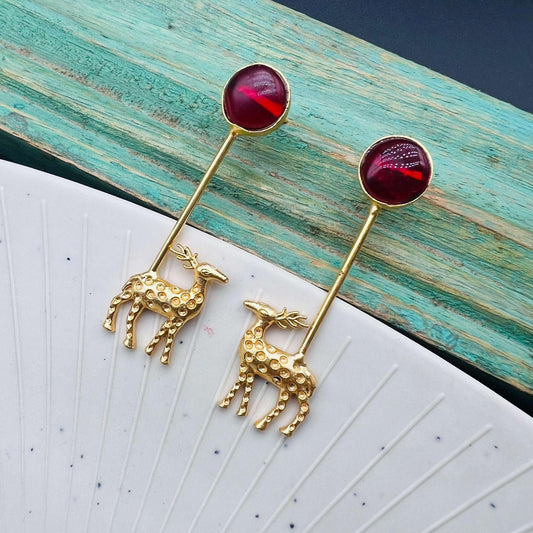 Majestic Ember Brass Deer Drop Statement Earrings