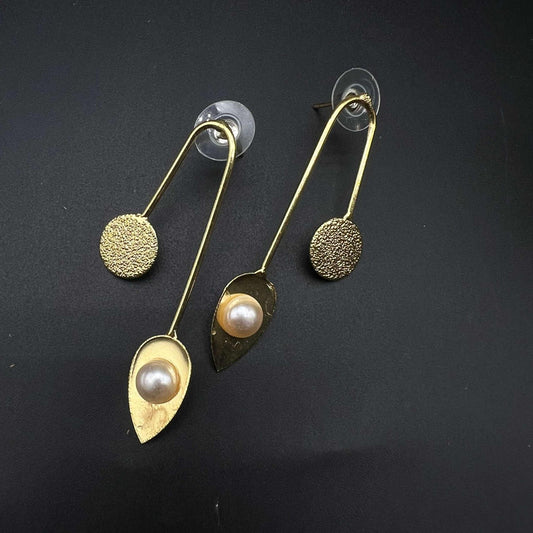 Opulent Leaf and Pearl Brass Earrings