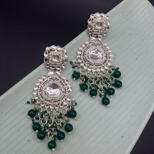 Sterling Silver Green Kundan Traditional Stone Earrings