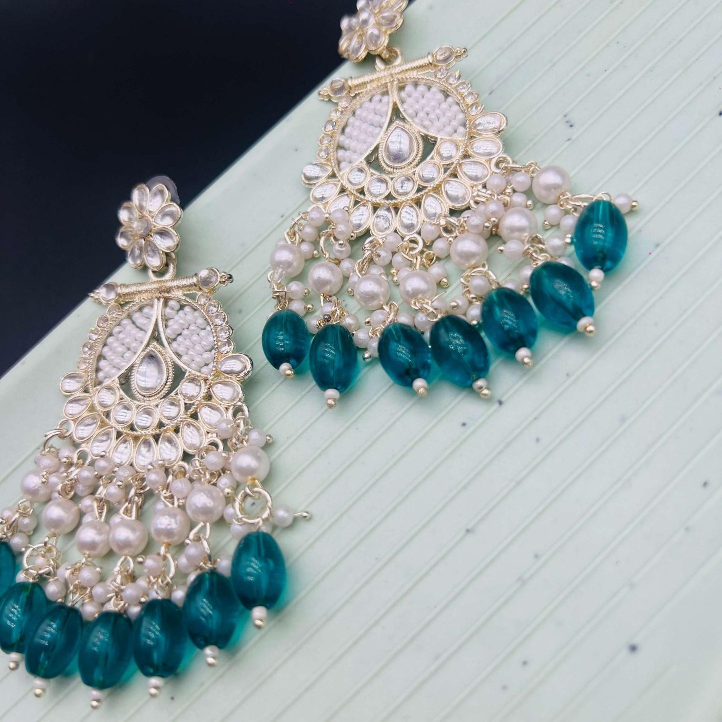 Polki Kundan Ethnic Festive Turquoise Earrings