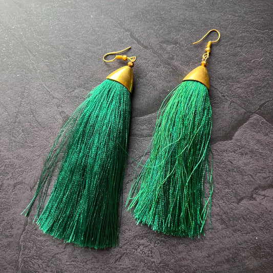 Green Small Thread Tassel Earrings
