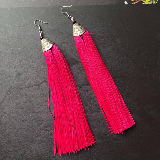 Pink Thread Long Tassel Earrings