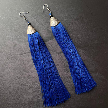 Blue Thread Long Tassel Earrings