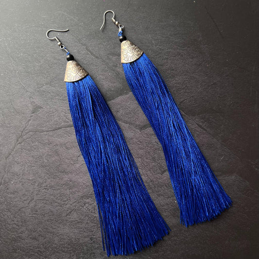 Blue Thread Long Tassel Earrings