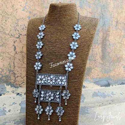 LARQ JEWELS Indian Oxidized Silver  Multiline Necklace  Set