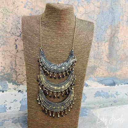 LARQ JEWELS Oxidized German Silver 3 Chand Long Chain Necklace