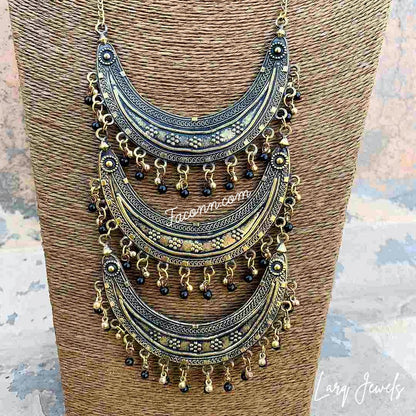 LARQ JEWELS Oxidized German Silver 3 Chand Long Chain Necklace