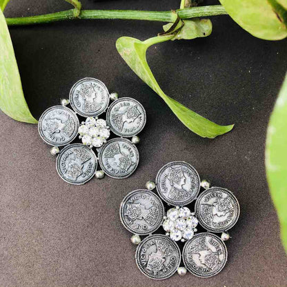 LARQ JEWELS Combo Of 3 Pcs German Oxidized Silver Artistic Crafted Traditional Stud Earrings With Ring- SILVER