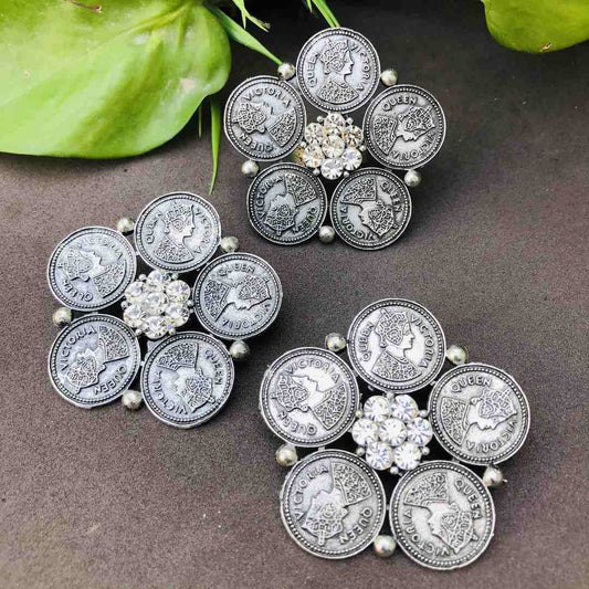 LARQ JEWELS Combo Of 3 Pcs German Oxidized Silver Artistic Crafted Traditional Stud Earrings With Ring- SILVER