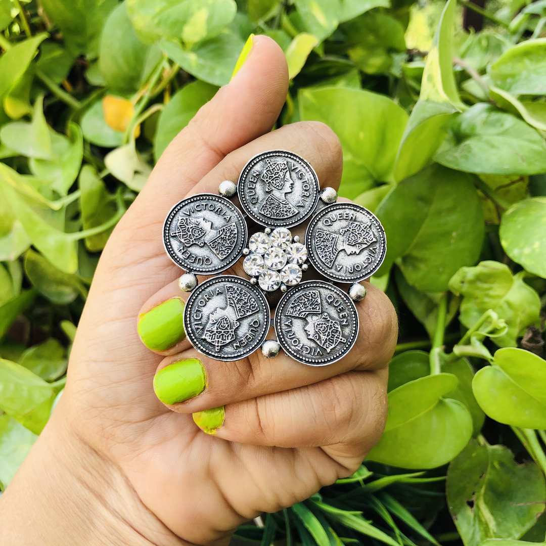 LARQ JEWELS Combo Of 3 Pcs German Oxidized Silver Artistic Crafted Traditional Stud Earrings With Ring- SILVER