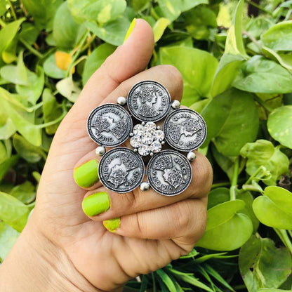 LARQ JEWELS Combo Of 3 Pcs German Oxidized Silver Artistic Crafted Traditional Stud Earrings With Ring- SILVER