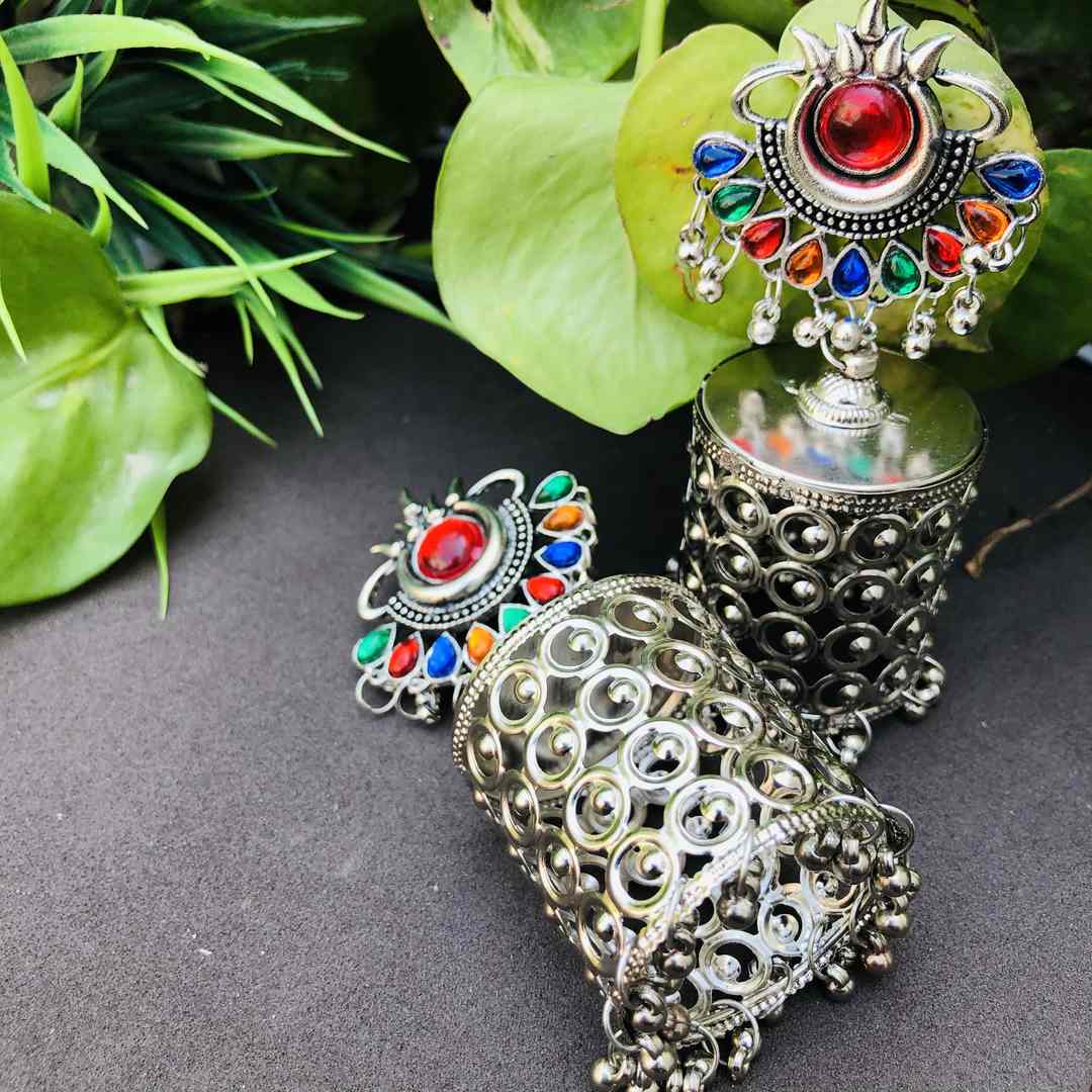 LARQ JEWELS Party Wear Handcrafted Cylindrical Silver Oxidised Multicolour Dangle Earrings/Jewellery for Women