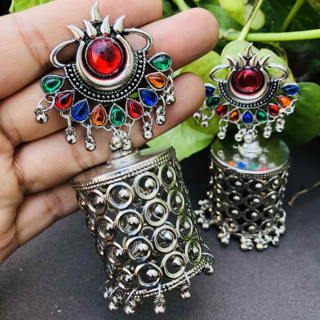LARQ JEWELS Party Wear Handcrafted Cylindrical Silver Oxidised Multicolour Dangle Earrings/Jewellery for Women