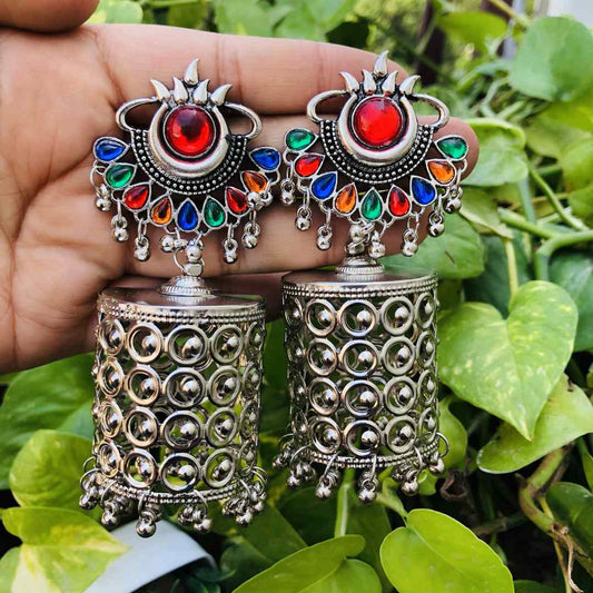 LARQ JEWELS Party Wear Handcrafted Cylindrical Silver Oxidised Multicolour Dangle Earrings/Jewellery for Women