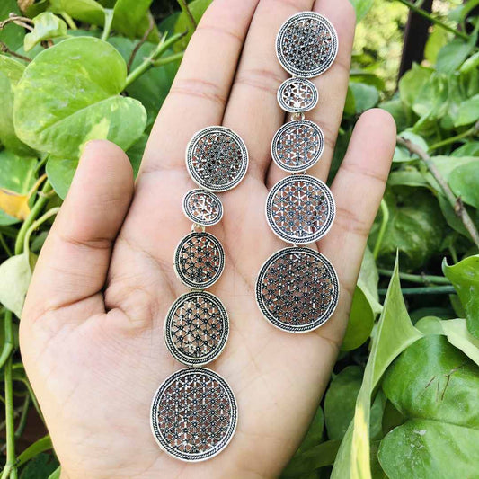 LARQ JEWELS Oxidized Silver Concentric Circle Metal Ethnic Long Dangle Drop Earrings for Women