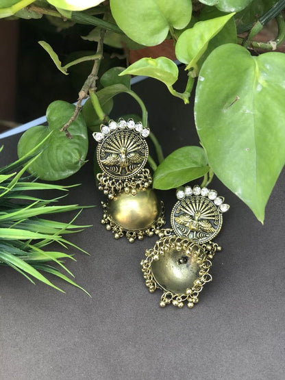 LARQ JEWELS Oxidized Silver &amp; Gold Plated Brass Jhumki Ethnic Earrings with Stones for Women &amp; Girls, Gold