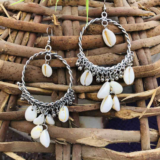 LARQ JEWELS Original Cowrie Shell Kodi Handmade Unique Silver Boho Hoop Earrings for Girls and Women