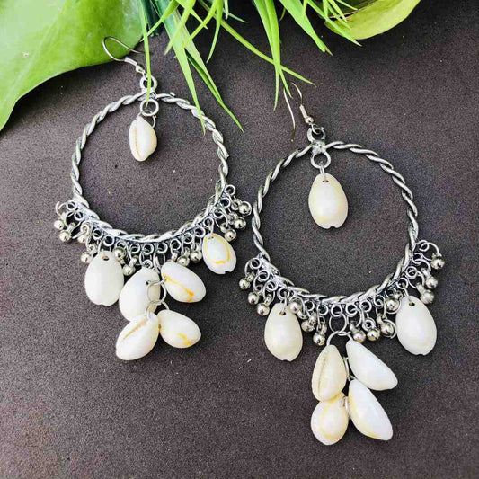 LARQ JEWELS Original Cowrie Shell Kodi Handmade Unique Silver Boho Hoop Earrings for Girls and Women