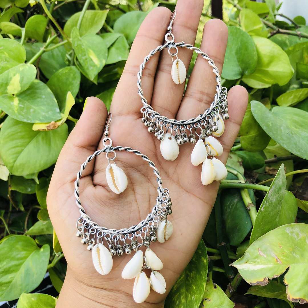 LARQ JEWELS Original Cowrie Shell Kodi Handmade Unique Silver Boho Hoop Earrings for Girls and Women