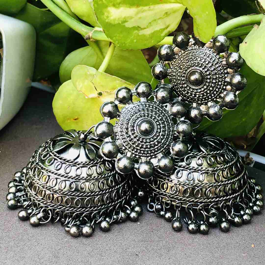LARQ JEWELS Black Metal Oxidised Traditional Silver Jhumka Earrings for Women