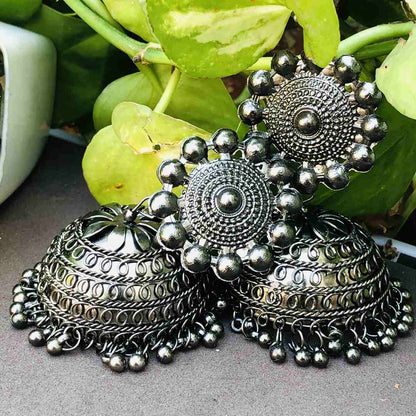 LARQ JEWELS Black Metal Oxidised Traditional Silver Jhumka Earrings for Women