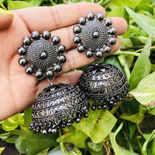 LARQ JEWELS Black Metal Oxidised Traditional Silver Jhumka Earrings for Women