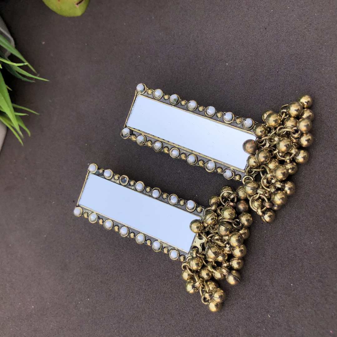 LARQ JEWELS Traditional German Silver Oxidised Antique Stylish Designer Afghani Big Mirror Jhumka Earrings- Golden
