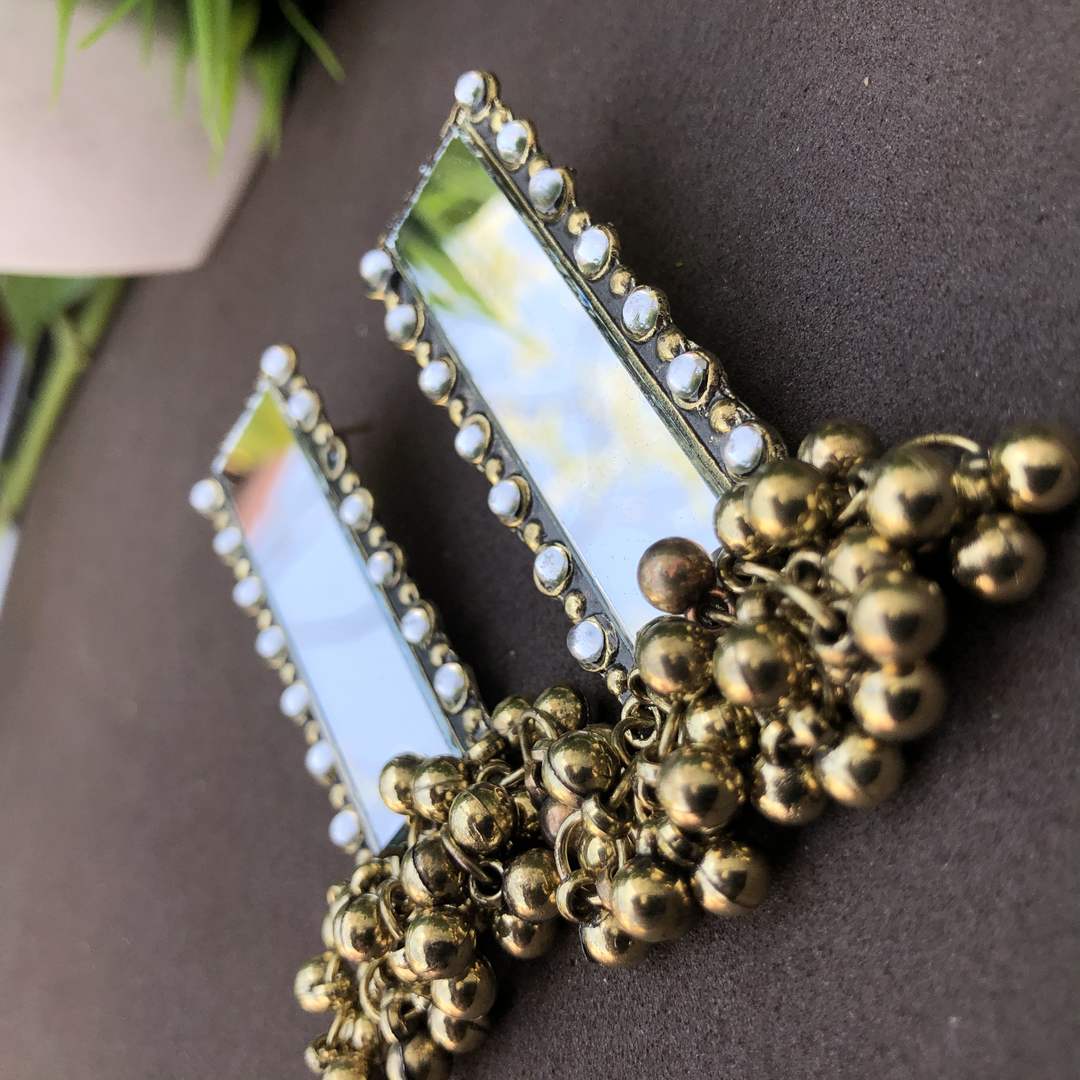 LARQ JEWELS Traditional German Silver Oxidised Antique Stylish Designer Afghani Big Mirror Jhumka Earrings- Golden