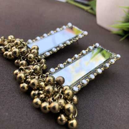LARQ JEWELS Traditional German Silver Oxidised Antique Stylish Designer Afghani Big Mirror Jhumka Earrings- Golden