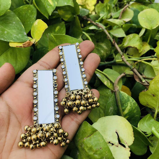 LARQ JEWELS Traditional German Silver Oxidised Antique Stylish Designer Afghani Big Mirror Jhumka Earrings- Golden
