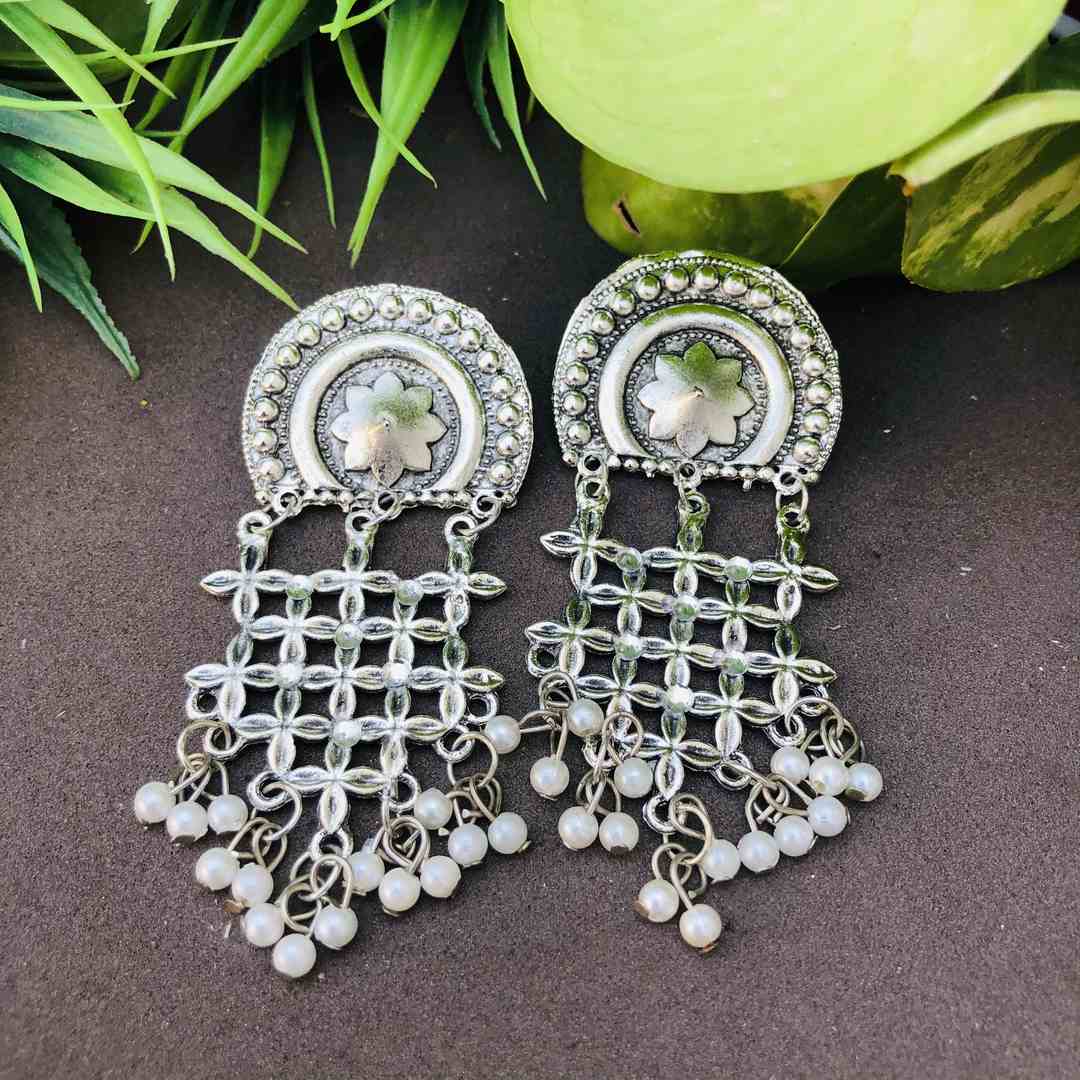 LARQ JEWELS Mandala Lightly Embellished Brass Multilayer White Beads Drop Earrings